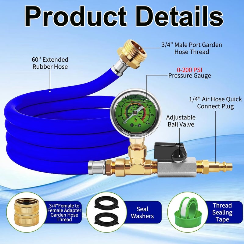 HFVSLFA RV Winterizing Kit with Pressure Gauge, 60inch RV Winterize Hose with 3/4" GHT Blow Out Fitting Adaptor & 1/4" Quick Connect Plug, Sprinkler Winterization Kit for Camper, Boat, Travel Trailer, Blue - Image 4